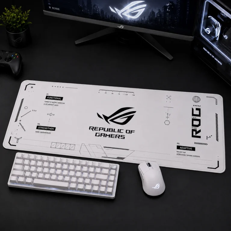 Republic of Gamers (ROG) Inspired White Extended Gaming Mouse Pad 900×400mm | Smooth Surface, Waterproof & Anti-Slip