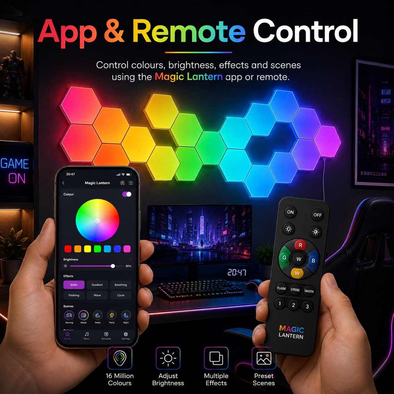 Smart Hexagon RGB LED Wall Light Panels with App & Remote Control
