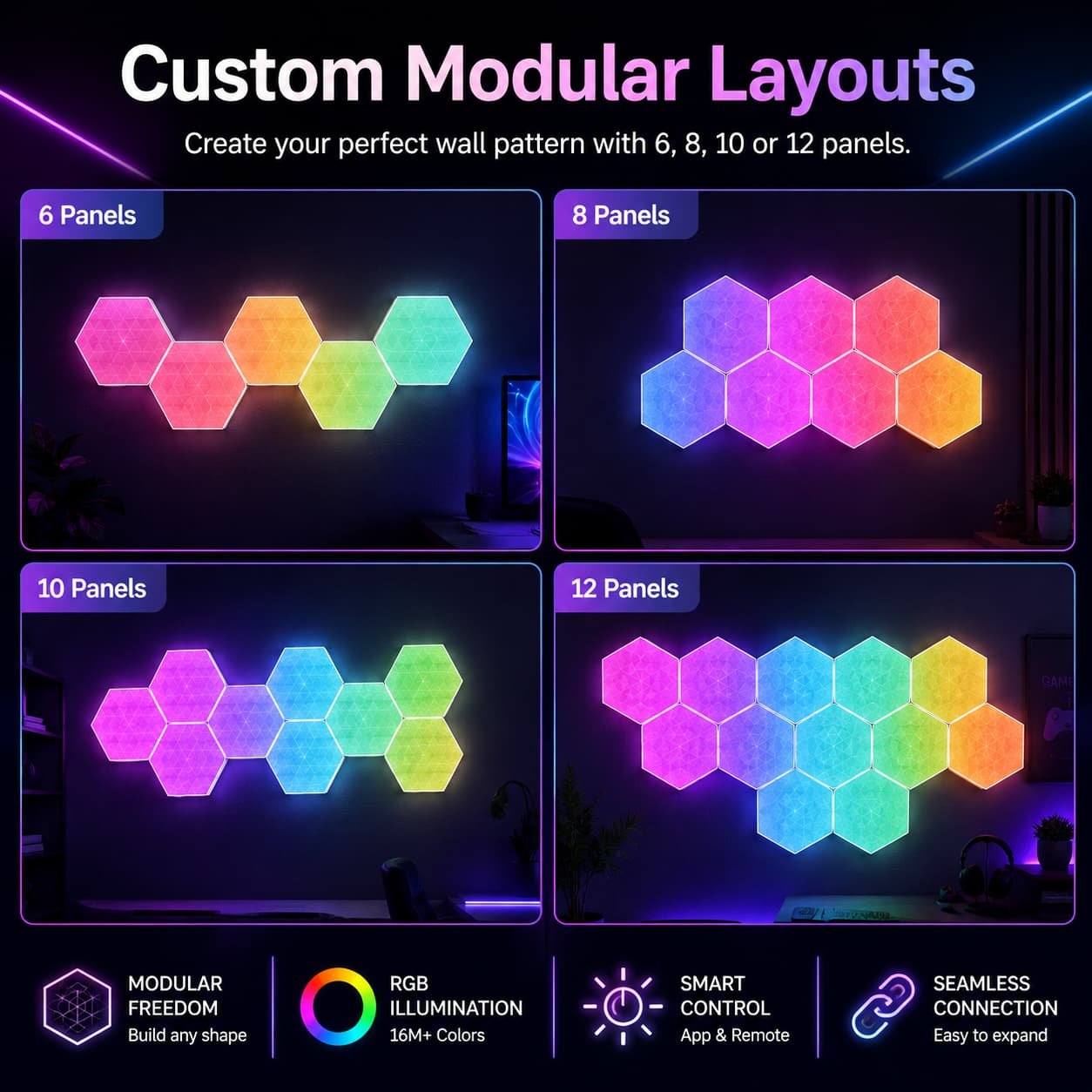Smart Hexagon RGB LED Wall Light Panels with App & Remote Control